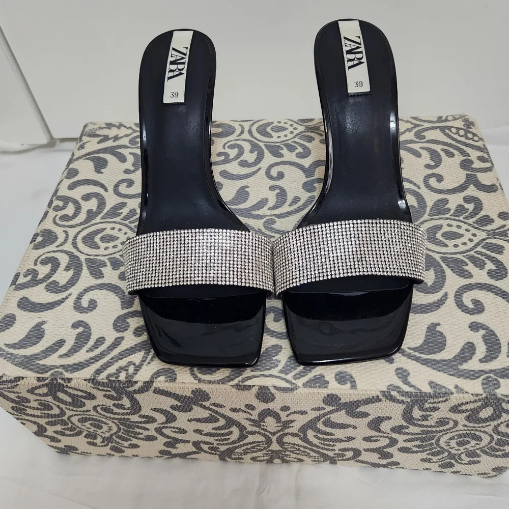 SOLD.....ZARA Rhinestone Open Toe Mules/ Slides Holiday Party Shoes - Picture 8 of 8